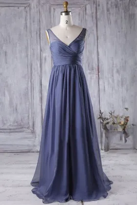 vintage ink blue chiffon sleeveless ruched V neckline flowy A line bridesmaid dress