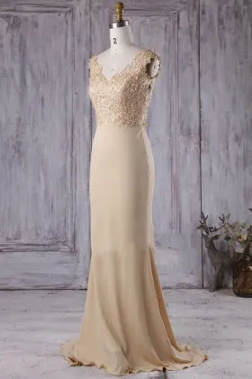 champagne lace and jersey sleeveless v neck mermaid bridesmaid gown