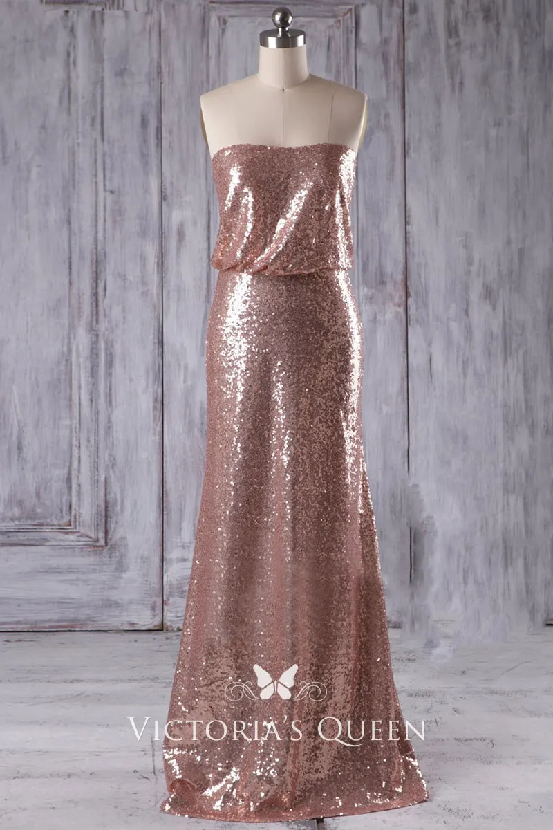 Chic Strapless Loose Bodice Rose Gold Sequin Fit and Flare Bridal Party Dress