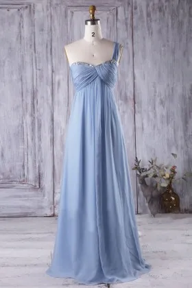 dusty blue chiffon beaded sweetheart one shoulder empire long bridesmaid dress