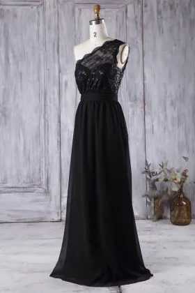 scalloped black one shoulder sweetheart sequin lace and chiffon bridesmaid dress