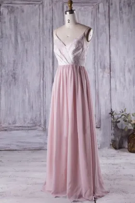 Amazing pink chiffon floral V neck bodice spaghetti strap bridesmaid dress