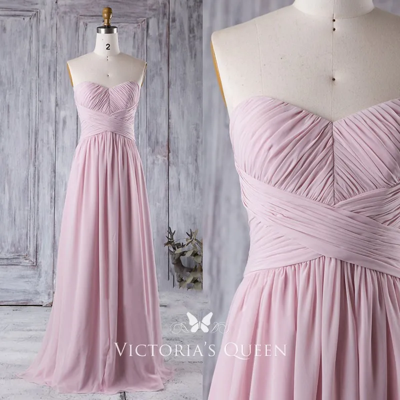 Simple Pleated Pink Chiffon Cheap Bridesmaid Dress VQ