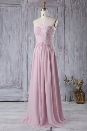 Simple pleated pink chiffon strapless A line cheap bridesmaid dress