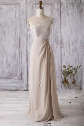 one shoulder vintage champagne lace and chiffon side draped bridesmaid dress