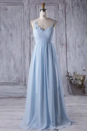 Pleated Light Blue Chiffon Floral Spaghetti Strap Cute Empire Long Bridesmaid Dress