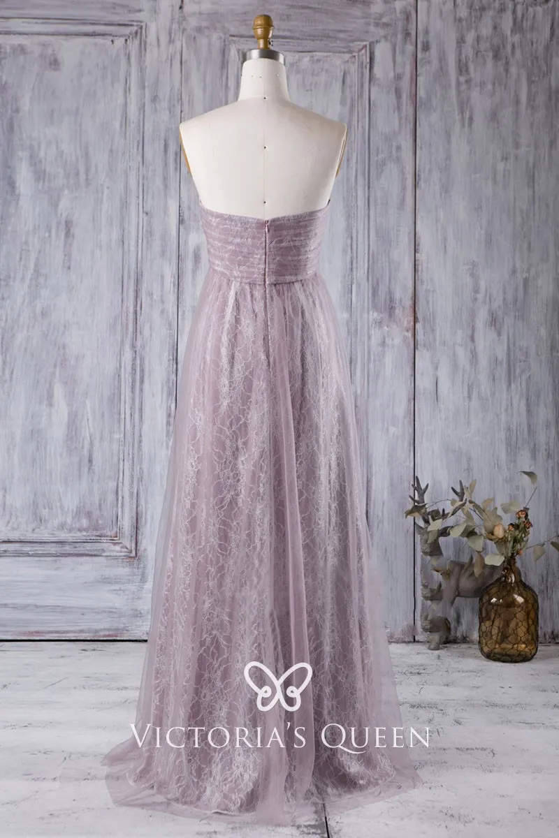 Dusty Purple Lace and Tulle Long Bridesmaid Dress - VQ