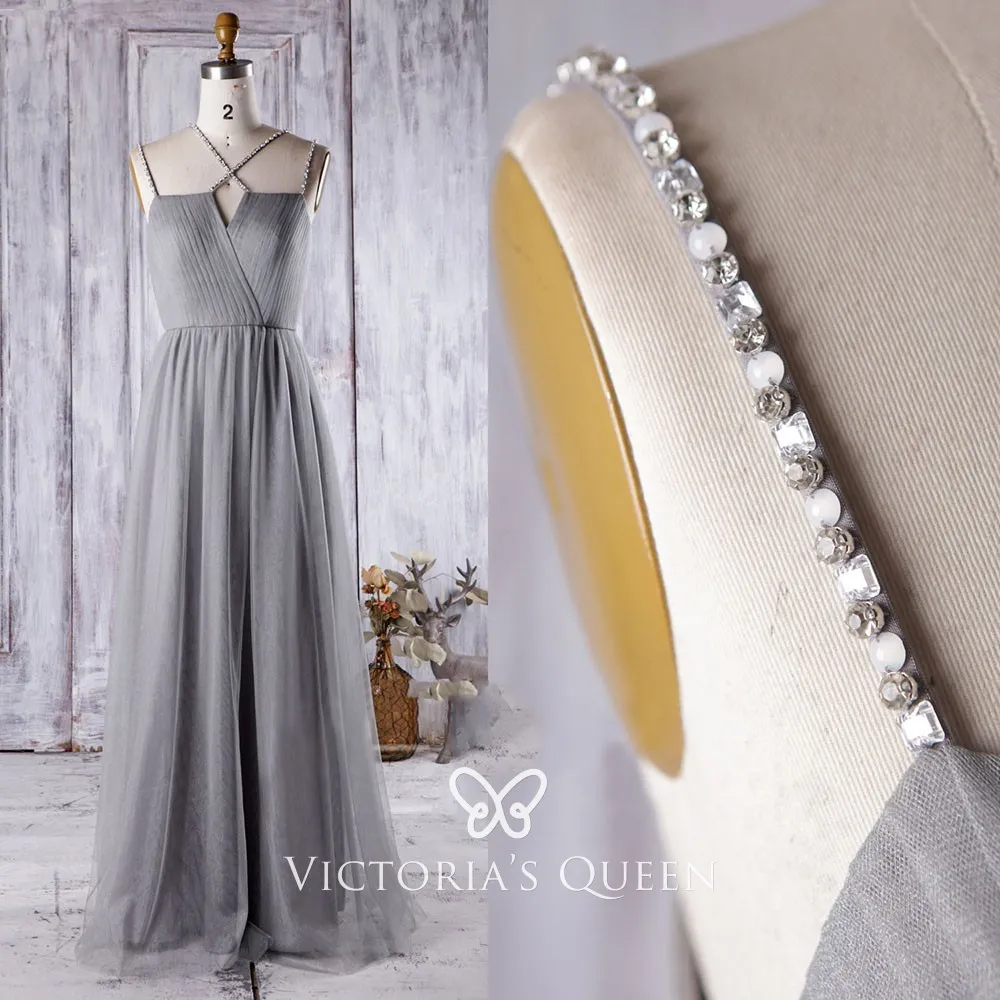 beaded spaghetti straps charcoal grey tulle bridesmaid dress beaded spaghetti straps charcoal grey tulle bridesmaid dress