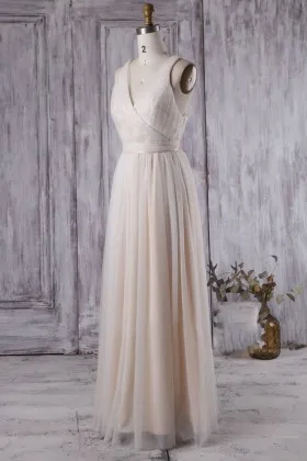 Sleeveless V Neck Light Champagne Chiffon and Tulle Overlay Bridesmaid Dress