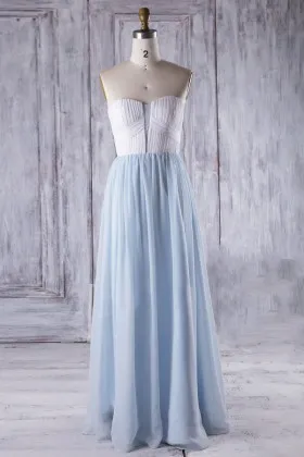 white and light blue two tone chiffon unique strapless pleated bridesmaid dress