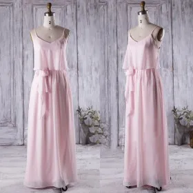 ruffled soft pink V neck blouse long bridesmaid dress