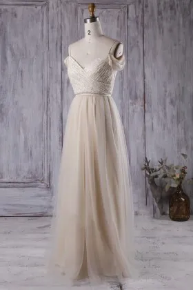 light champagne lace satin and tulle overlay off the shoulder bridesmaid dress