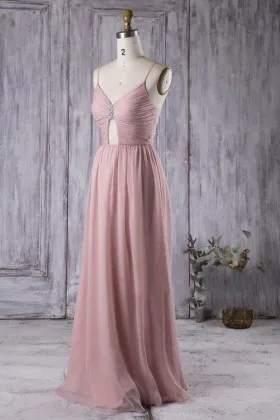 rose chiffon sexy keyhole beaded bridesmaid dress with spaghetti straps