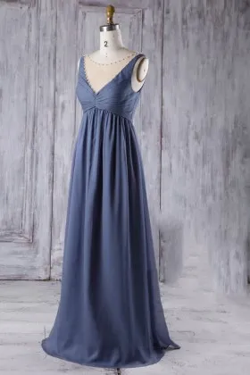 pearls adorned illusion V neck and V back ink blue chiffon long bridesmaid dress