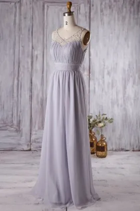 stylish pearls illusion sweetheart ruched taupe chiffon long bridesmaid dress