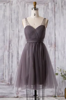 ruched brown tulle with beaded sheer strap short casual bridesmaid dress