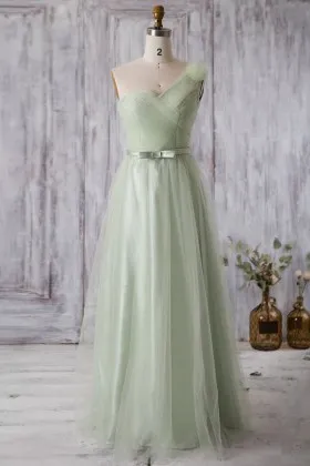Unique apple green satin and tulle overlay one shoulder long bridesmaid dress