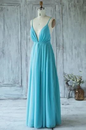 deep v neck sexy simple pool chiffon spaghetti strap bridesmaid dress