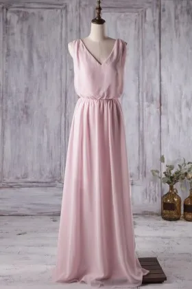 Sleeveless V neck Cute Baby Pink Chiffon A line Floor Length Bridesmaid Dress