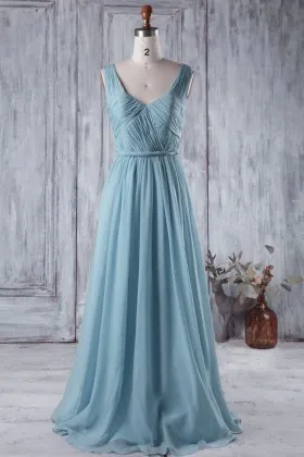pleated blue chiffon sleeveless v neck vintage a line bridesmaid dress