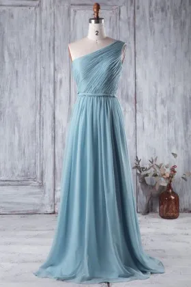 asymmetrical ruched one shoulder blue chiffon modern long bridesmaid dress