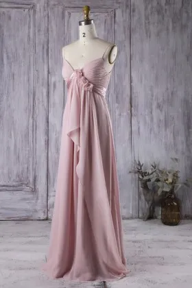 cute flowers pink chiffon empire spaghetti strap long bridesmaid dress