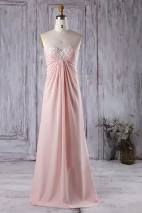 lace appliqued sweetheart pink chiffon empire elegant bridesmaid dress