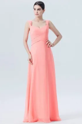 soft pink criss cross pleated chiffon wide straps long cute bridesmaid dress