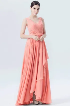 pleated ruffled coral pink chiffon high low formal dress