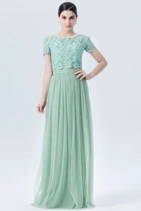 pastel green lace tulle two piece short sleeves buttons bridesmaid dress