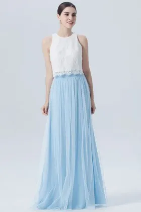 two tone sky blue white lace tulle two piece bridesmaid homecoming dress