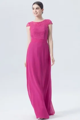 fuchsia lace chiffon short sleeves illusion boat neck long bridesmaid dress