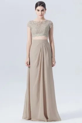 champagne lace chiffon two piece crop top long bridesmaid dress