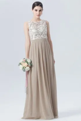 cute lace chiffon two tone champagne a line long bridesmaid dress