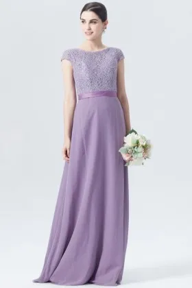purple lace chiffon low back boat neck sash short sleeves long bridesmaid dress