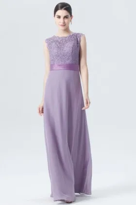purple scalloped neckline lace chiffon a line long bridesmaid dress