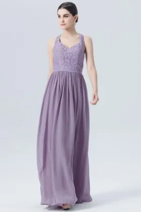 dusty purple floral lace and chiffon halter A line long bridesmaid dress