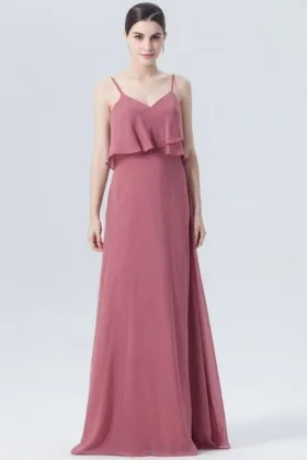 cute dusty rose ruffled v neck spaghetti straps chiffon bridesmaid dress