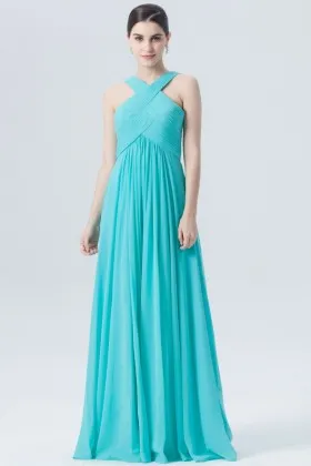 Aqua pleated wide strap V neck empire A line long simple bridesmaid dress