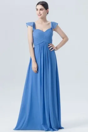sweetheart blue cap sleeves crisscross ruched a line long chiffon bridesmaid dress