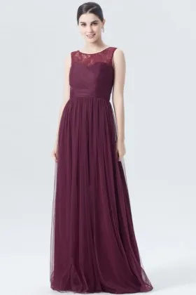 illusion neckline burgundy lace and tulle vintage A line long bridesmaid dress