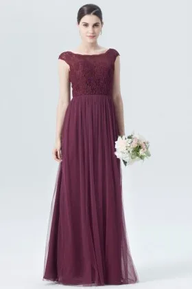 Vintage scalloped boat neckline cap sleeve lace and tulle bridesmaid gown