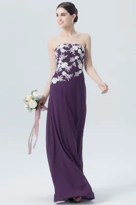 flattering white lace appliqued grape purple chiffon long bridesmaid dress