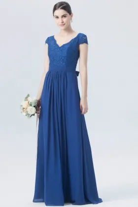 twilight blue short sleeve v neck lace chiffon a line long bridesmaid dress