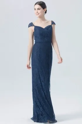 midnight blue all over lace cap sleeves long bridesmaid dress