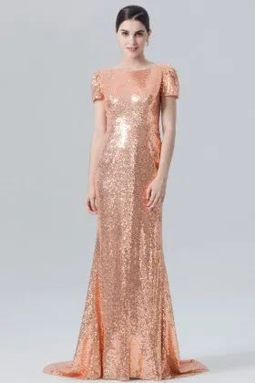 rose gold sequin boat neckline cowl back short sleeve long bridesmaid dress
