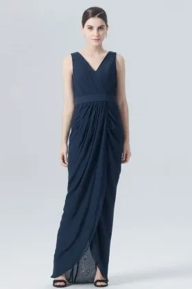 Sleeveless V neck pleated draped navy blue chiffon tulip sheath bridesmaid dress