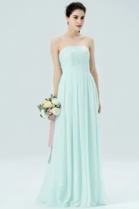 strapless straight neck lace and chiffon A line long bridesmaid dress
