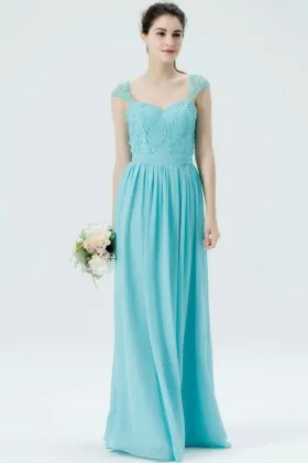 sweet and cute pool blue sequined sweetheart cap sleeve long bridesmaid dress