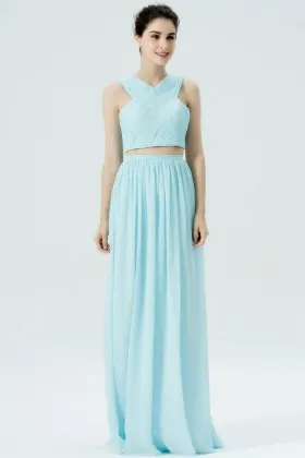 pale blue two piece chiffon crisscross pleated long bridesmaid dress